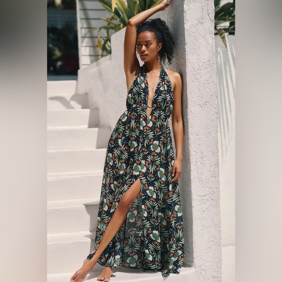Anthropologie Dresses & Skirts - ANTHROPOLOGIE X Brenda Quinn V-Neck Halter maxi Dress xs tropical print